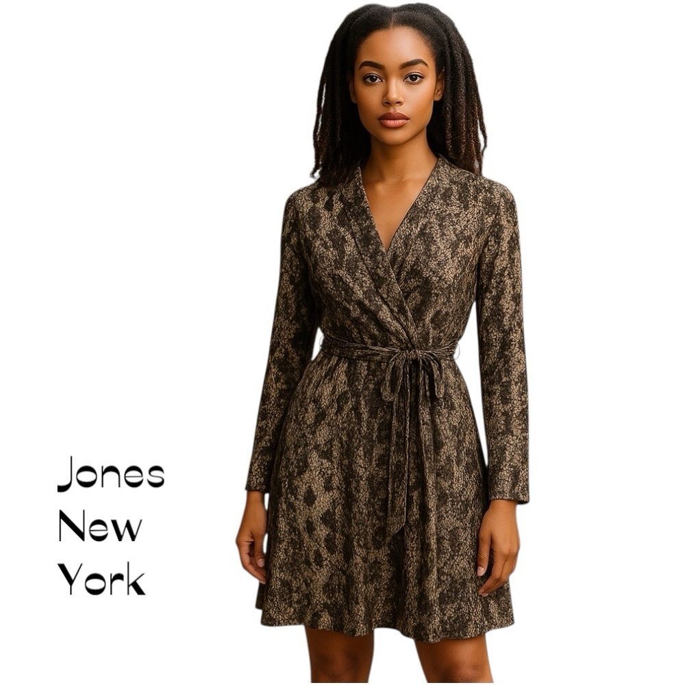Jones New York Brown Tan Animal Print Faux Wrap Dress NWOT Size 8